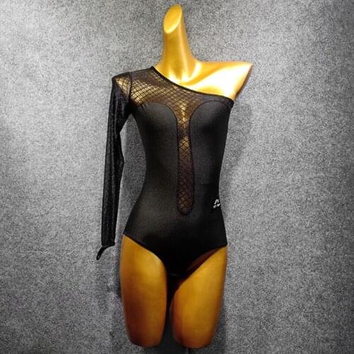 Latin Dance Tops Black Leotard Autumn Long Sleeve Jumpsuit Slant Shoulder Top Performance Wear Competition Outfit Dance Dress