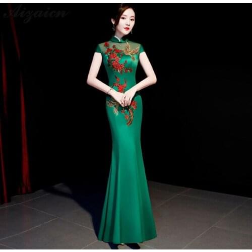 Green Mermaid Chinese Evening Dress Long Embroidery Cheongsam Modern Qipao Party Dresses China Women Oriental Style Wedding Gown