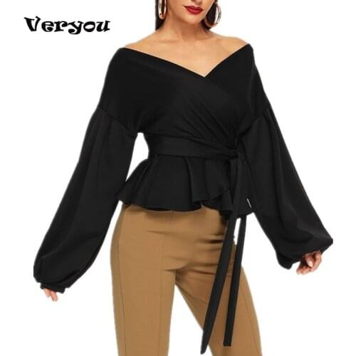 New V-neck Waist Office Lady Elegant Lantern Sleeve Surplice Off the Shoulder Solid Blouse Shirt Women Autumn Sexy Women Tops