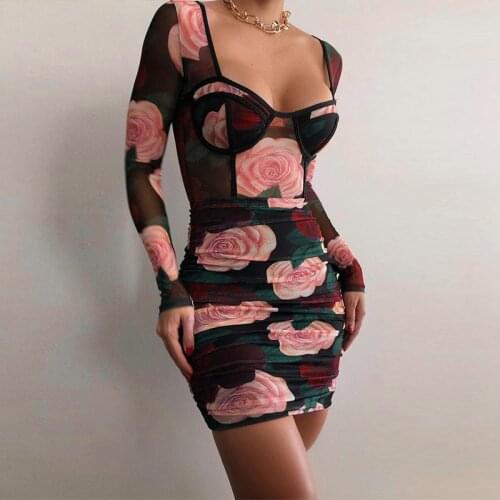 2021 New Bodycon Mini Floral Dress Women Elegant Fashion Mesh Dresses Party Night Sexy Vintage Long Sleeves Clubwear Outfits