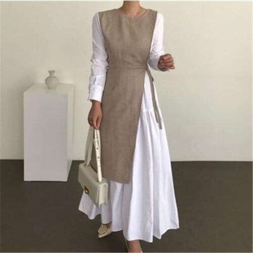 RUGOD Patchwork 2 Pieces Dress Women Korean Chic O-neck Long Sleeve Maxi Vestidos Female Big Swing Robe 2021 Spring Autumn