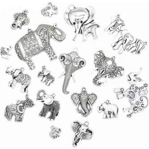 17pcs/lot Mixed 17 Styles Vintage Silver Zinc Alloy Animal Elephant Charms Pendant For Jewelry Finding