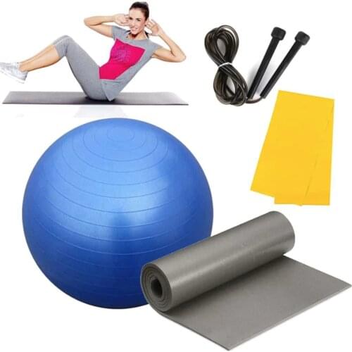 65 cm Pilates Yoga Fitness Gym Balance Workout Exercise Sport Set Pilates Ball, Band, Mat, Jump Rope Economic Set of 4 for Gift