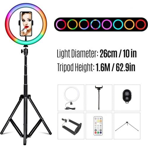 8inch/10inch RGB Ring Light LED Fill Light Desktop Tripod Light Stand Dual Phone Holders Remote Shutter for Live Streaming