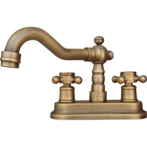 Deck Mounted 4" Centerset 2-hole Antique Brass Bathroom Faucet Wash Basin Mixer Sink Taps Swivel Spout Faucets tnf325