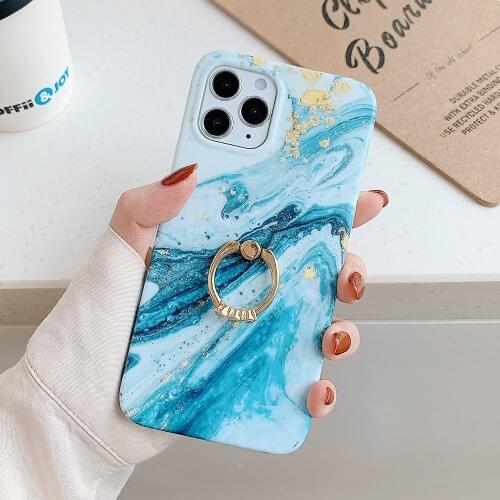 Gradient Blue Marble Matte Texture Phone Case For iPhone 12 Mini 12 11 Pro Max XR X XS Max 7 8 Plus Soft Ring Holder Back Cover