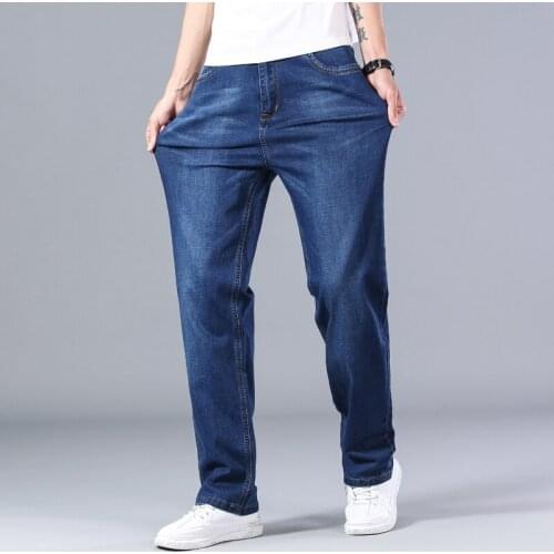 Classic Mens Loose Straight Blue Thin Jeans Spring Summer Advanced Stretch Fashion Casual Pants Male Brand Trousers