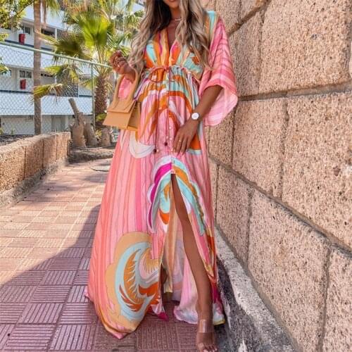 Hirigin Colorful Print Long Maxi Dress Summer Holiday Outfits Vintage Women V-neck Long Dress Sexy Boho Beach Cover-ups 2021