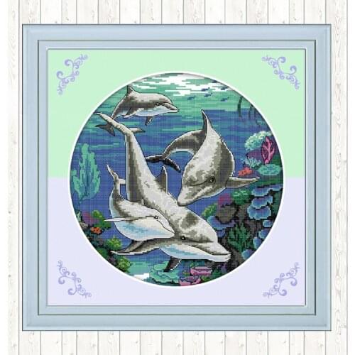 Classical Dolphin DIY Crafts Cross Stitch Package 14ct 11ct Count Print Canvas Embroidery Kits Needlework Embroidery Patterns