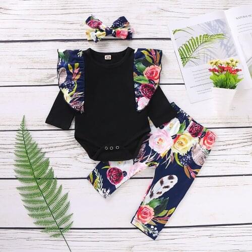 3PCS Set Newborn Baby Girls Clothing Set Tracksuit Romper Jumpsuit Tops Floral Pants Headband Outfits Clothes Set 0-24Months