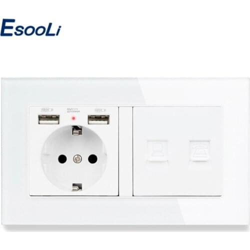 Esooli Crystal Tempered Panel EU Standard Wall Socket with 2 USB Charge Port + Telephone Connector and RJ45 Internet Jack