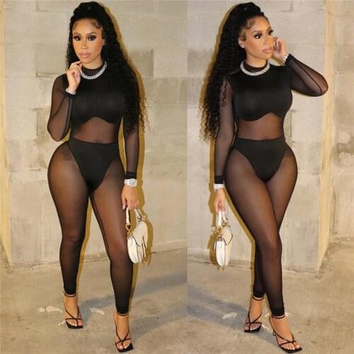 Patchwork Mesh Sheer Jumpsuit Women Long Sleeve Bodycon Rompers Sexy See Through Skinny Night Club One Piece Outfits Jumpsuits