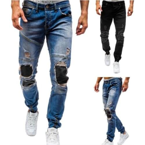 Fashion Casual Long Trousers Mens Cotton Tide Jeans Denim Trousers Casual Straight Ripped Jeans Men Wash Bottoms