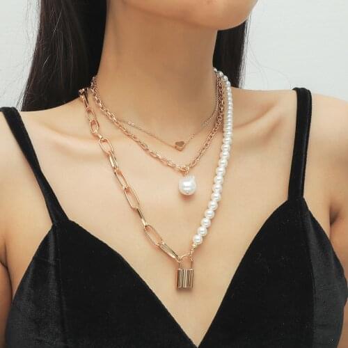 NEW Boho Multi Layer Imitation Pearl Choker Necklace Statement Heart Lover Lock Pendant Necklace Women Jewelry