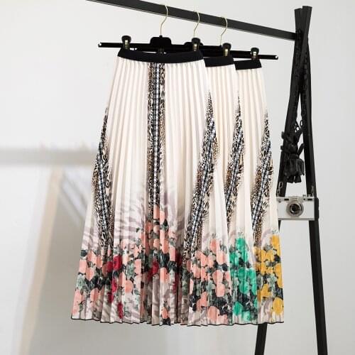 2021 New Pleated Skirt, Half-length Skirt, Elastic Waist, Digital Printing Mid-length and Large-line A-line Skirt