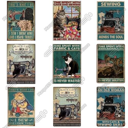Time Spent with Cats and Sewing Poster,Cat Poster Vintage Tin Metal Sign Bar Club Cafe Living Room Garage Wall Decor Farm Decor