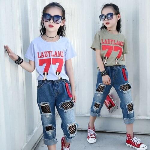 2020 new summer 4-14y girl casual personality hole black net cowboy trousers in the low waist