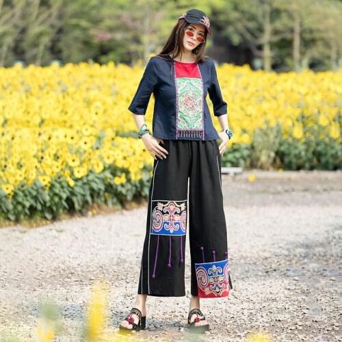 Wide Leg Harem Pants Trousers 2021 Chinese Style Streetwear Women Ethnic Vintage Embroidery Loose Long Cotton Linen Pants KK3658