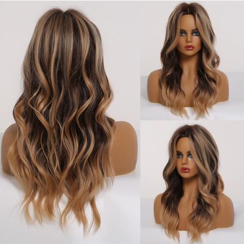 LOUIS FERRE Medium Synthetic Wavy Wigs Ombre Black Brown Wig with Light Brwon Highlights Women Middle Part Heat Resistant Fiber