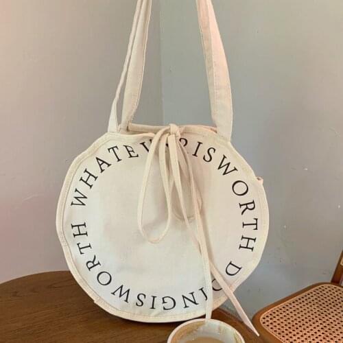 Yeqofcd Round Lace Up Shoulder Bag Letter Handbags Wallet Women Canvas Bags Female Student Casual Tote Purse