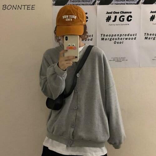 Hoodies Women Plus Velvet Solid Zip-up V-Neck Loose Soft Lantern Sleeve Student Leisure All-match Feminino Sweatshirts Ulzzang