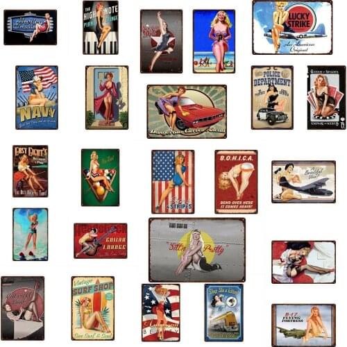 Pin Up Girl Bar Wall DecorTin Sign Vintage Art Metal Plate Home Decoration Living Room Iron Painting 20x30cm
