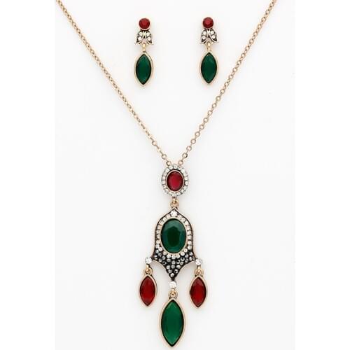 Vintage Resin Jewelry Sets Turkish Antique Gold Color Leaf Drop Water Earring Oval Pendant Necklace Women Festival Bride Bijoux