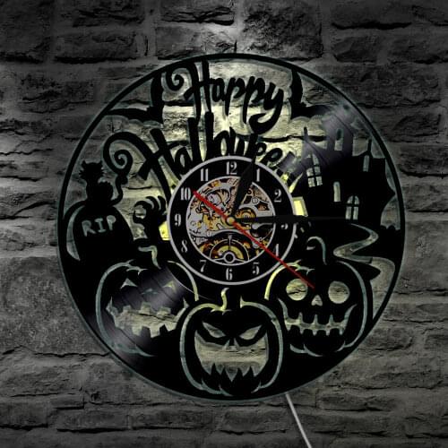 Vintage Happy Halloween Vinyl LP Record Wall Clock Pumpkin Face Castle Wall Art Handmade Home Party Decor Light Halloween Gift