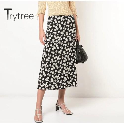 Trytree 2020 Summer Women Casual Skirt Print Small daisies Black High Waist Fashion Elegant A-line Vintage Mid-Calf Skirt