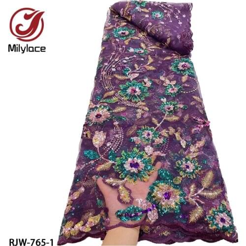 Nigerian Sequins Lace Fabric 2021 High Quality Embroidery African Net Lace French Tulle Fabrics for Party Dress RJW-765