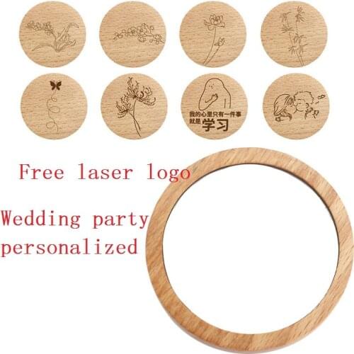 100Pcs/Lot Wood Cosmetic Mirror Round Portable Mirror Makeup Mirror Student Portable Makeup Small Princess Free laser logo
