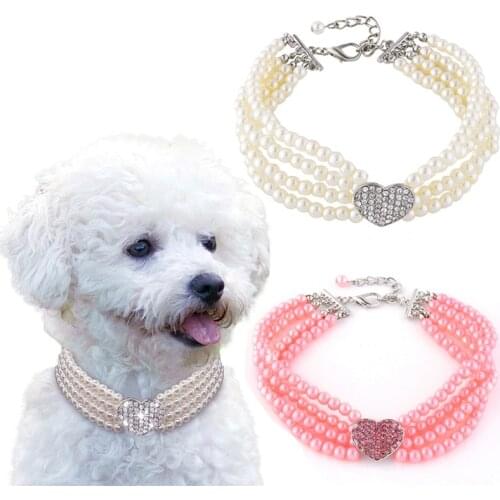 2021 Puppy Dog Choker Four Rows Pearls Necklace Collar Shiny Rhinestone Heart Shape Pendant Cat Collar Jewellery Pet Supplies