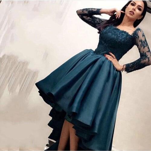 High Low Muslim Evening Dresses Ball Gown Long Sleeves Appliques Beaded Dubai Saudi Arabic Long Evening Gown Prom