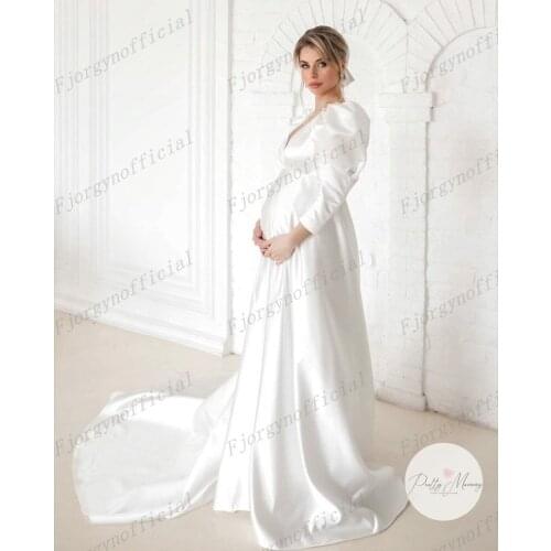 Similar White Satin Maxi Maternity Dress for Photoshoot A-Line Long Sleeve Pregnant Clothes Sweep Train Custom Made Zipper Back