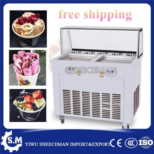 Free shipping 35cm automatic DOUBLE pan ice cream rolling roll machine stainless steel fried ice cream machine with defrost plat