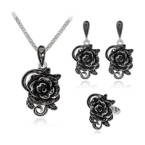 Free shipping marcasite Jewelry set Vintage black rose necklace/earring fashion jewelry ring 7-10