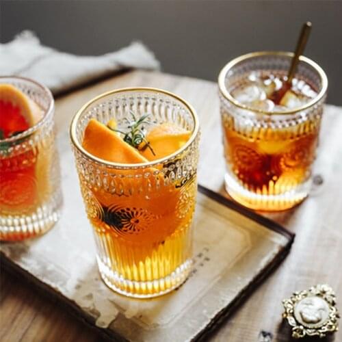 Wine Glass European-Style Retro Embossed Phnom Penh Sun Flower Glass Water Glass Heat-Resistant Breakfast Cup Fruit Decoration