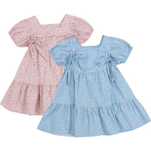 Children Floral Print Drawstring Dress Girls Short Puff Sleeve Square Collar Dress for Summer