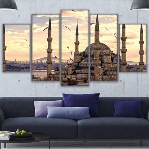 Canvas Printed Painting Modular Pictures Artwork 5 Pieces Home Decor For Living Room Suleymaniye Mosque Skyline Wall Art Poster