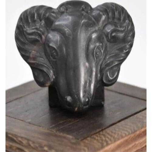 China Hongshan Culture Archaize Black Iron Meteorite Sheep Head Statue Handicraft Home Decoration