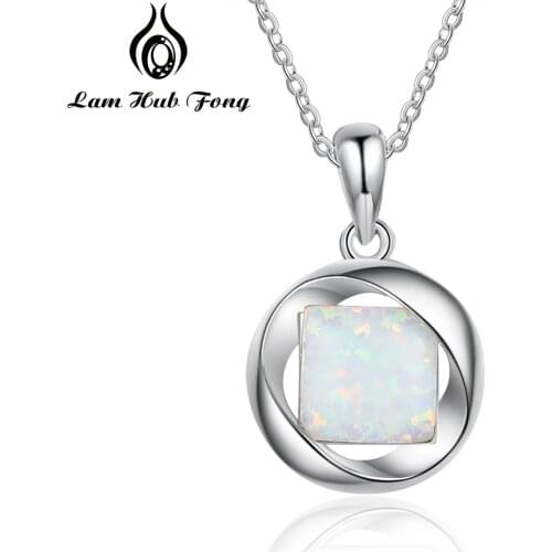 925 Sterling Silver Opal Pendant Necklaces for Women Square White Opal Stone Chain Link Necklaces Fine Jewelry (Lam Hub Fong)