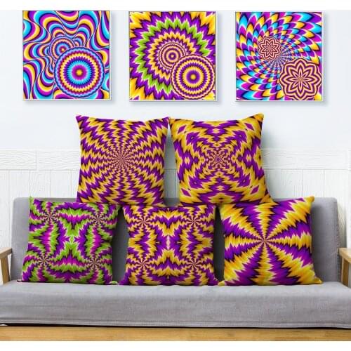 Colorful Illusion Geometric Print Cushion Cover Beige Linen Pillowcase 45*45cm Throw Pillows Covers Sofa Home Decor Pillow Case