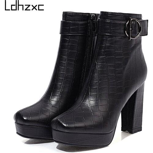 LDHZXC 2020 Designer Ladies Short ankle Boots Women Square Toe Sexy Buckle High Heels Shoes For Party Autumn Winter