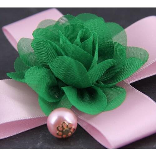 Trendy Handmade Silk Chiffon Fabric Flowers Hit Colors Ribbon Bow Drop Pearl Women Brooches Collar Pins Cloth Decoration Wedding