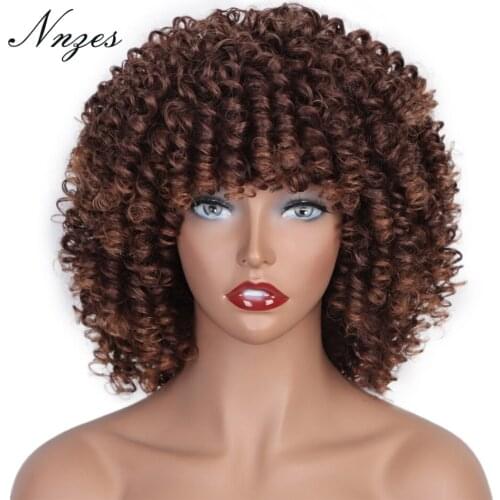 AISI HAIR 14inches Kinky Curly Wig With Bangs Brown Wig Synthetic Wigs for Black Women Heat Resistant Fiber Cosplay Women