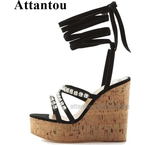 New Wedged Wood Grain Printed Crystal High Heel Sandals Women Cross Straps Summer Black Sandal Shoes Wedges