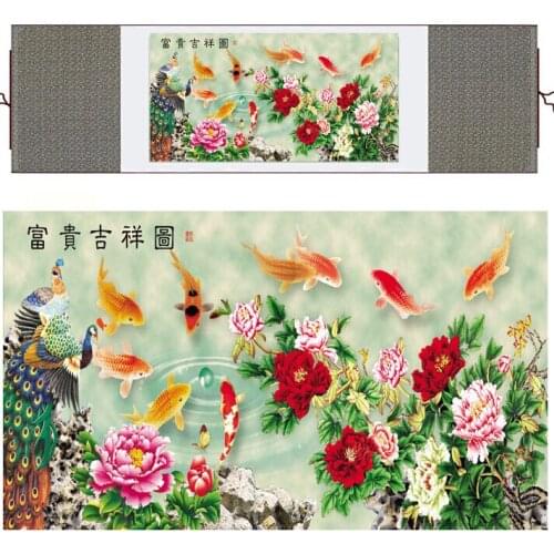 Fish painting Silk painting traditional art Chinese painting fish and flower paintingPrinted painting