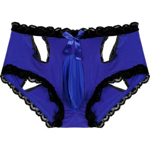 Men Sissy Briefs Hollow Out Lace Trim Briefs Low Waist Elastic Waistband Bulge Pouch G-string Underpants Underwear Nightwear