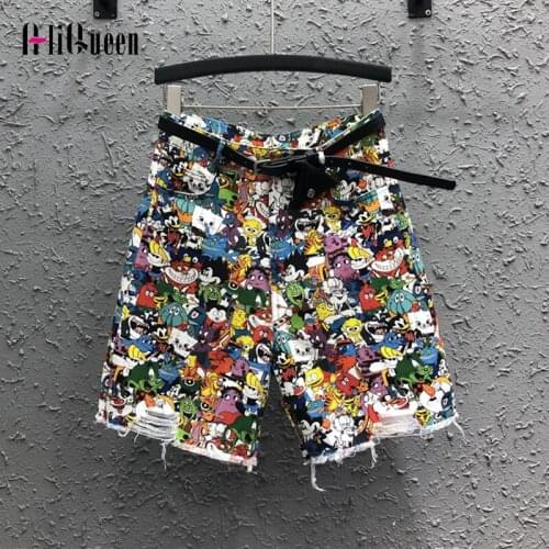 Summer Streetwear Women Cute Cartoon Pictures Denim Shorts High Waist Jeans Female Loose Straight Frayed Tassel Pant Plus Size