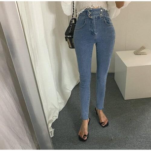 2021 Autumn Vintag Double-Breasted Women Denim Jeans High Waist Stretch Pants Capris Female Streetwear Drawstring Jeans